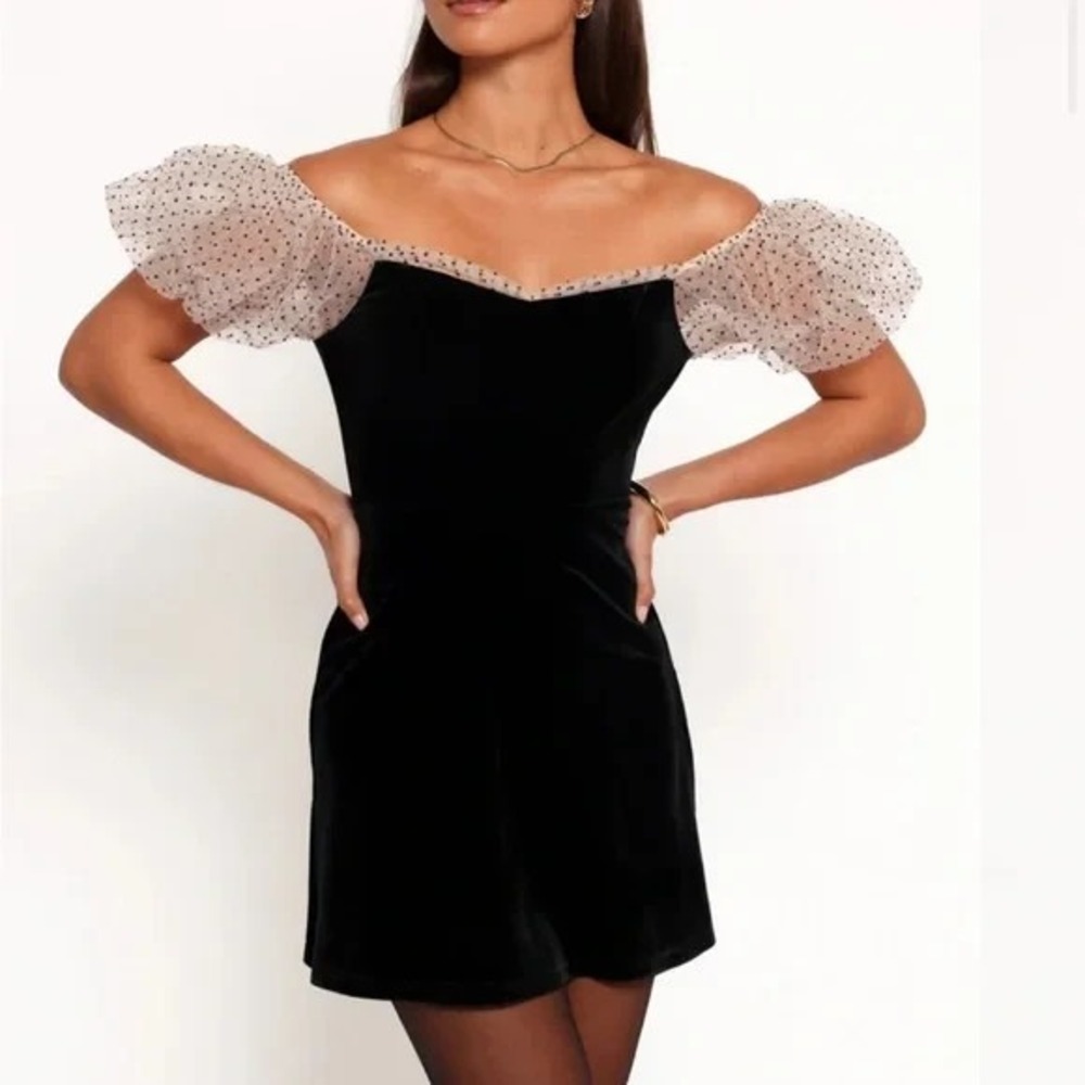 Camila Coelho Heirloom Velvet Tulle Puff Sleeve Flocked Dot Dress Black SMALL S - Picture 4 of 10